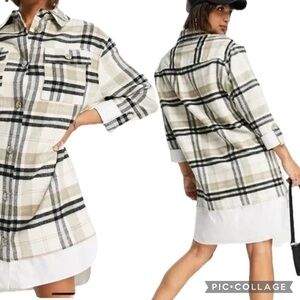Green Beige Checkered Longline Shirt Dress‎ - White Contrast Hem Sz 10